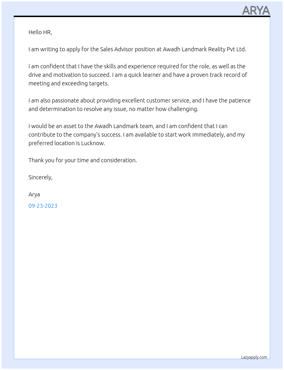 Sales Advisor At Awadh Landmark Reality Pvt Ltd Cover Letter