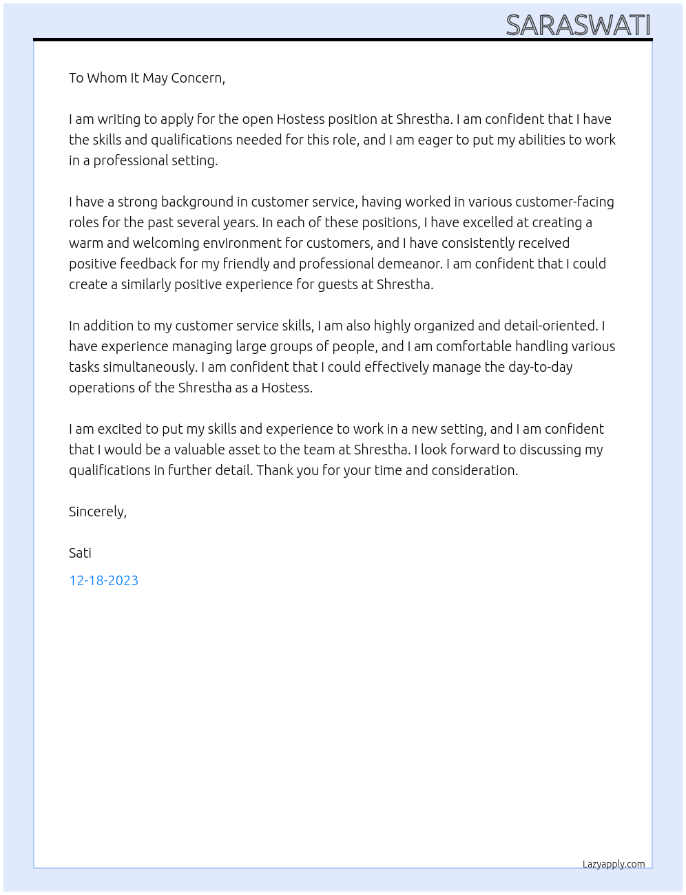 Hostess At Shrestha Cover Letter