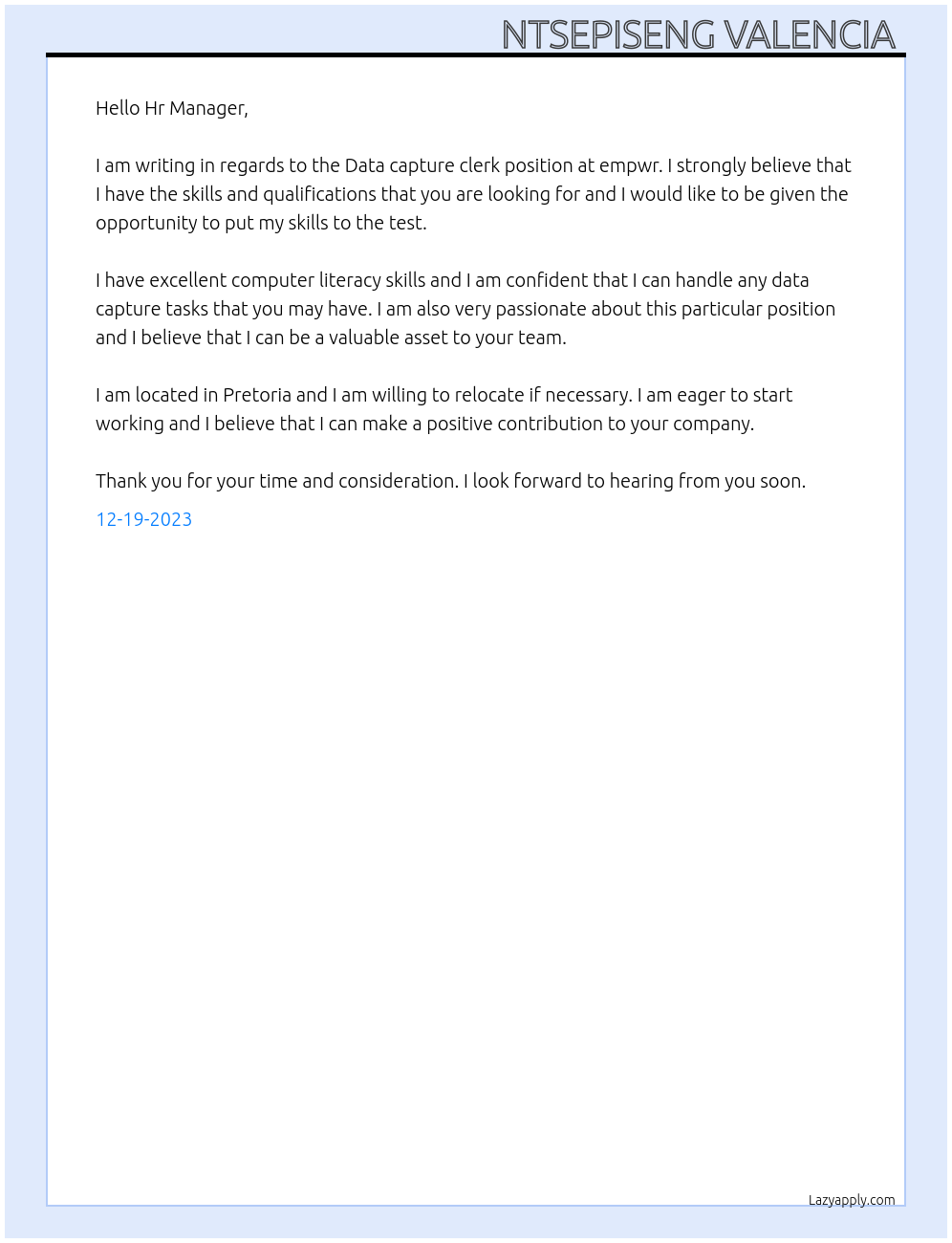 Data capture clerk  At empwr Cover Letter