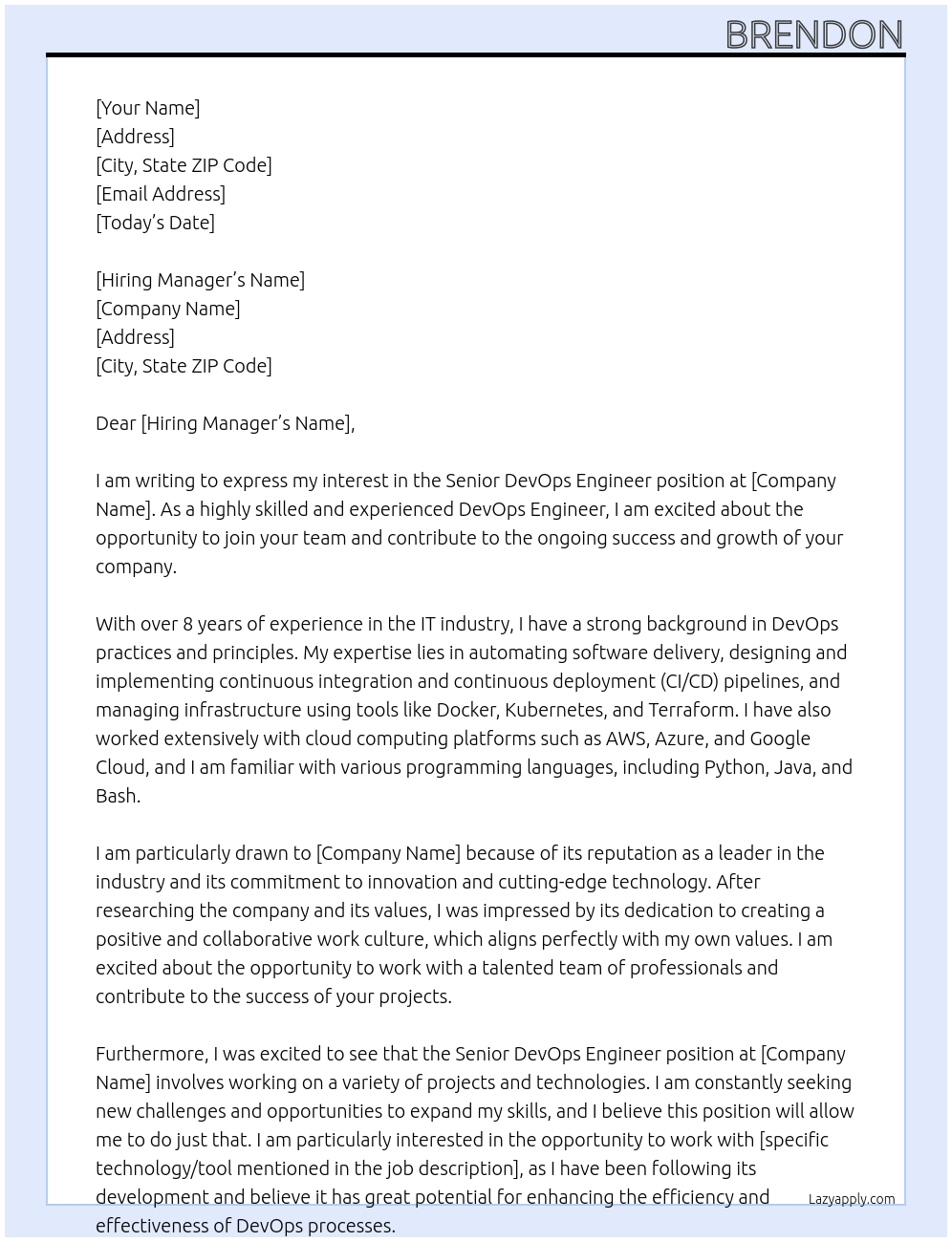 Senior DevOps Engineer At company Cover Letter