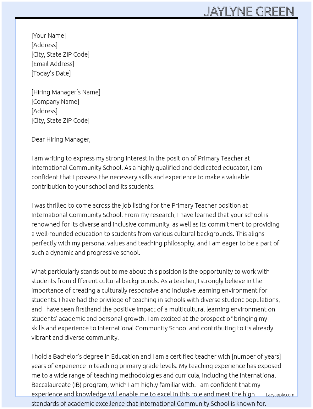 Primary Teacher At International Community School Cover Letter