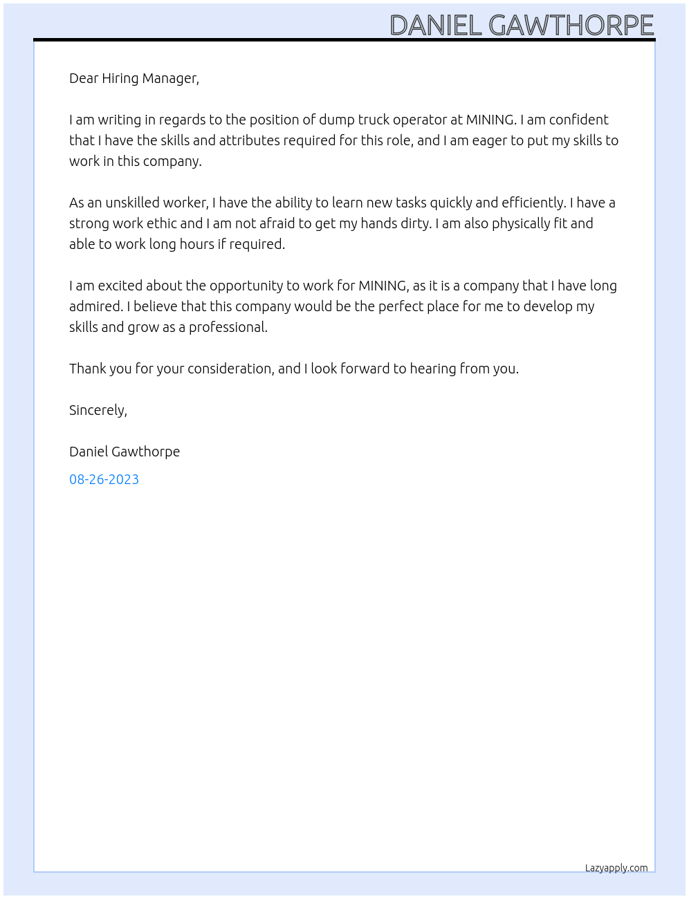 Dump truck operator At MINING Cover Letter