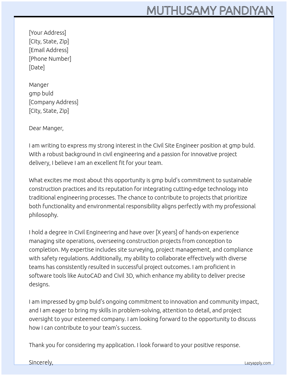 Civil site engineer At gmp buld Cover Letter