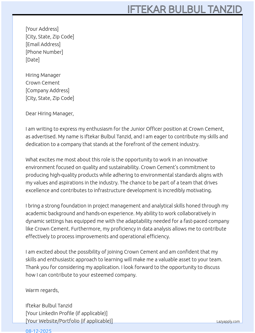 Cover letter for junior officer - LazyApply