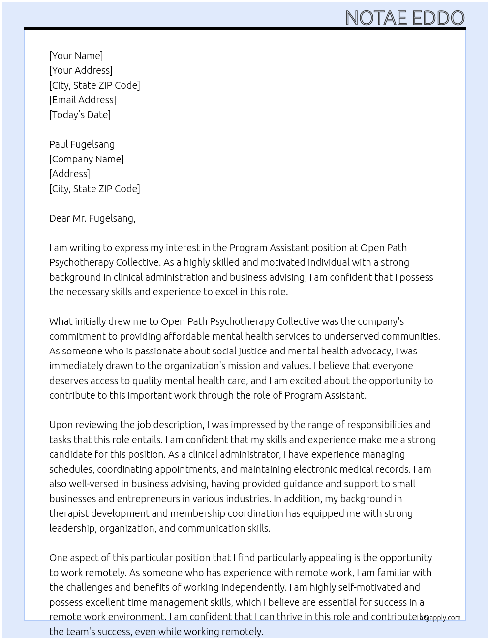 Program Assistant At  Open Path Psychotherapy Collective Cover Letter