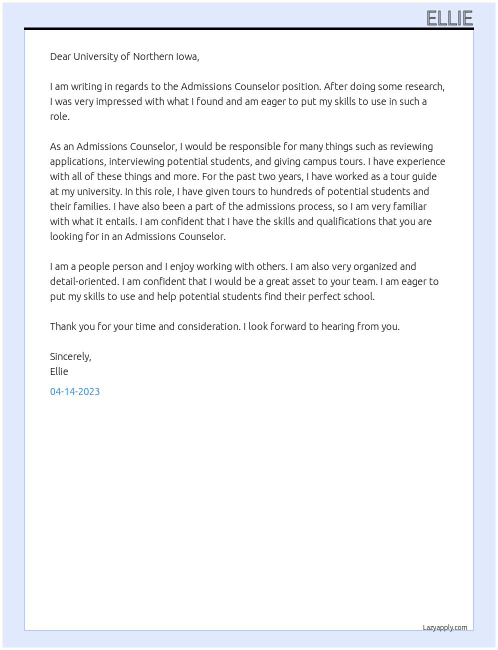Admissions Counselor At University of Northern Iowa Cover Letter
