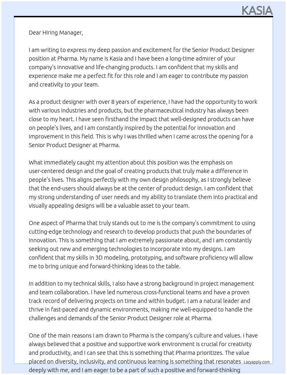 Senior Product designer At Pharma Cover Letter