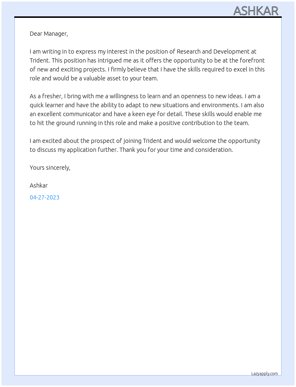 Research and development At Trident Cover Letter