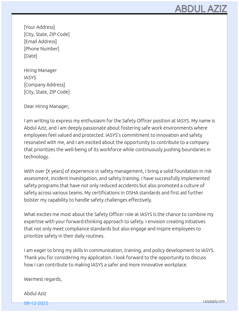 Safety officer At IASYS Cover Letter