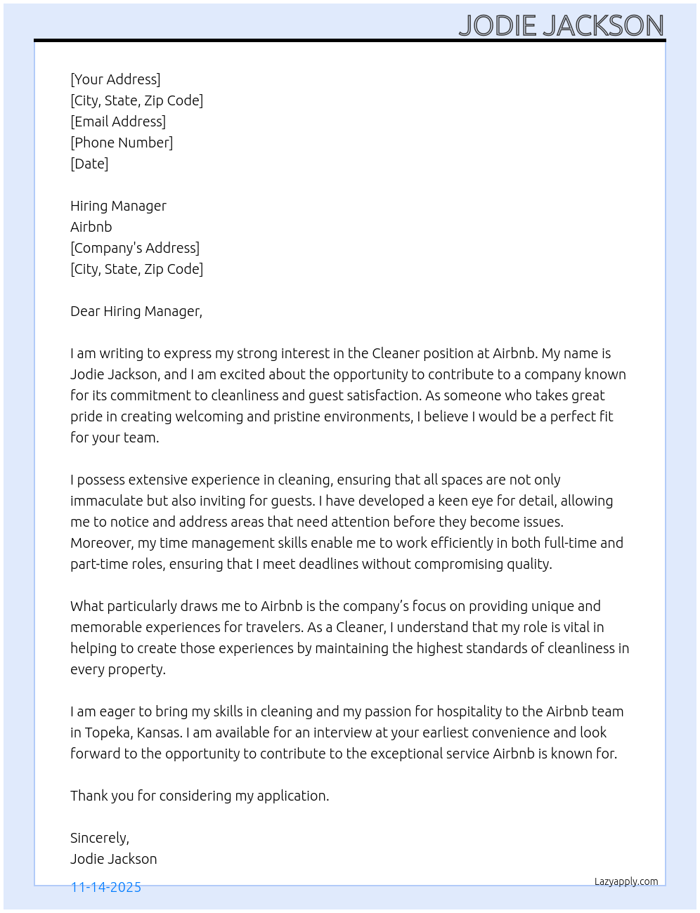 Cleaner At Airbnb Cover Letter