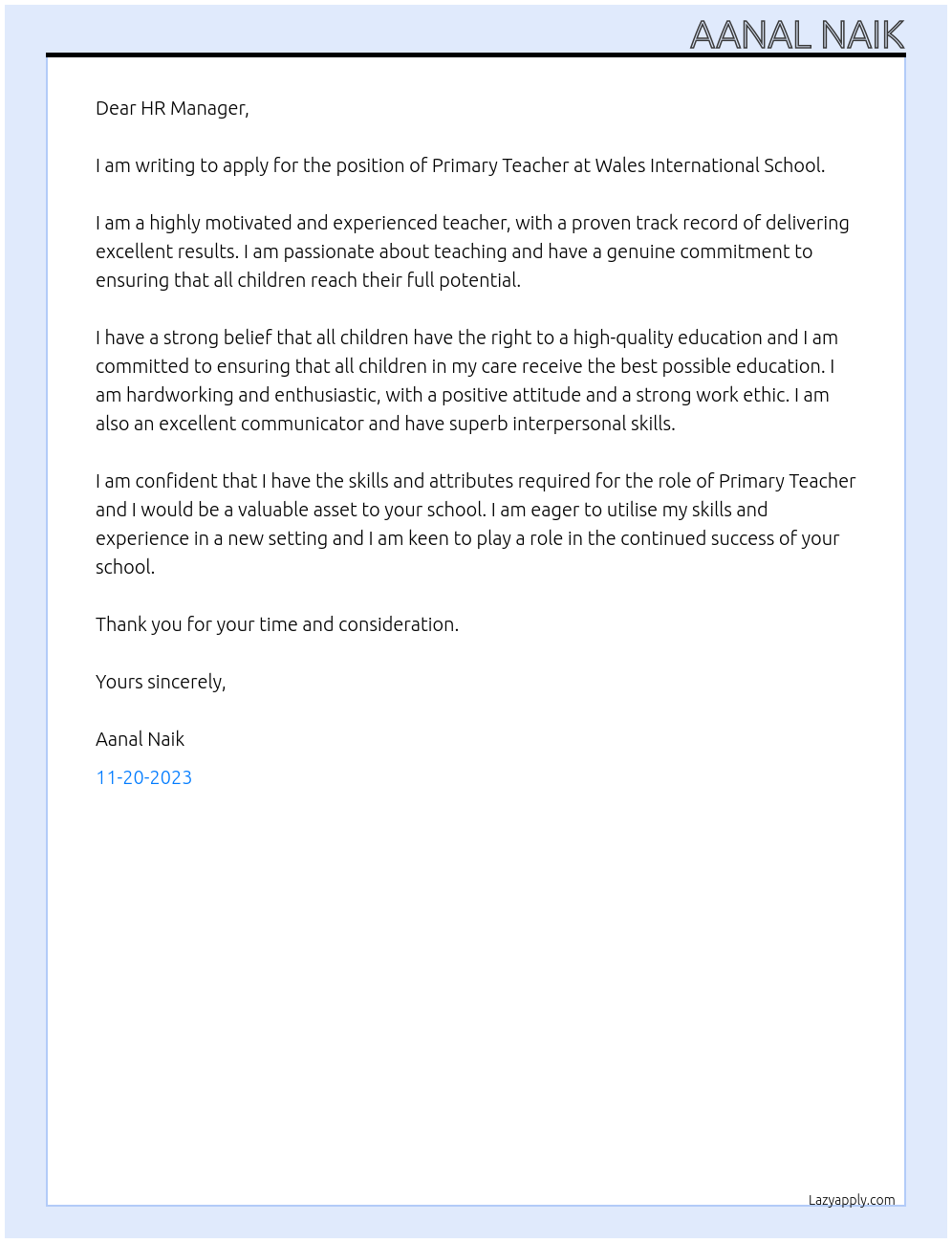 Primary Teacher At Wales International School Cover Letter