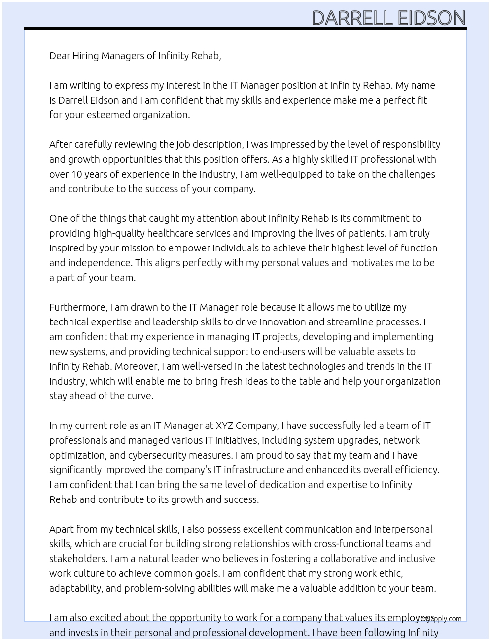 IT Manager At Infinitiy Rehab Cover Letter