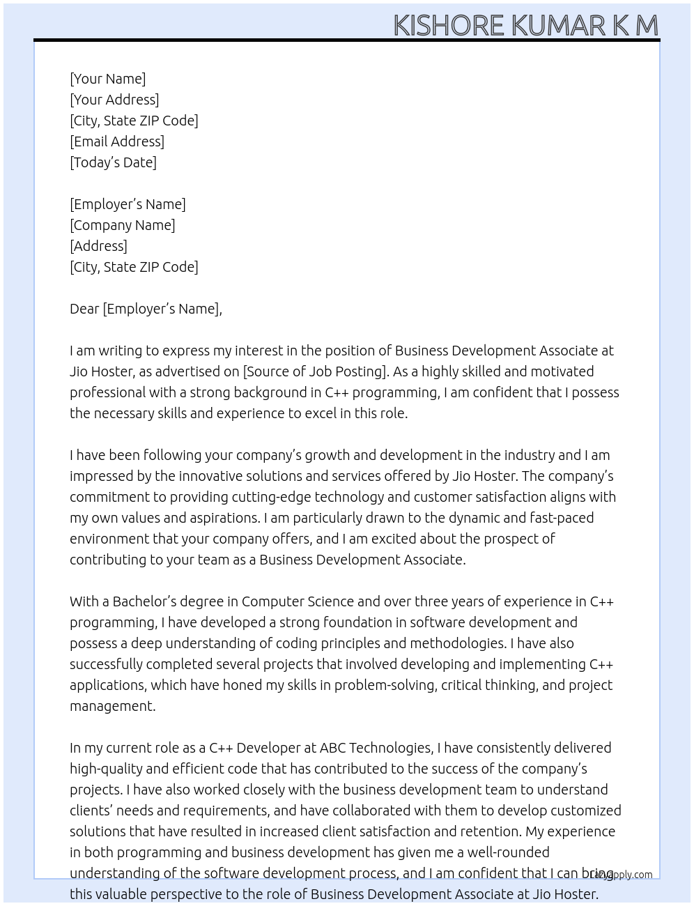 Business Development Associate At Jio Hoster Cover Letter