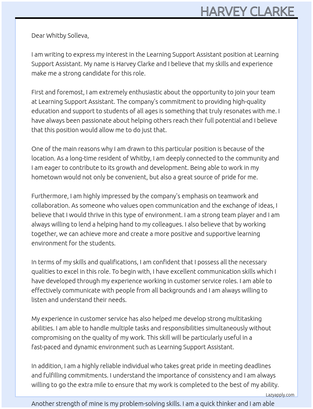 Learning support assistant At Learning support assistant Cover Letter