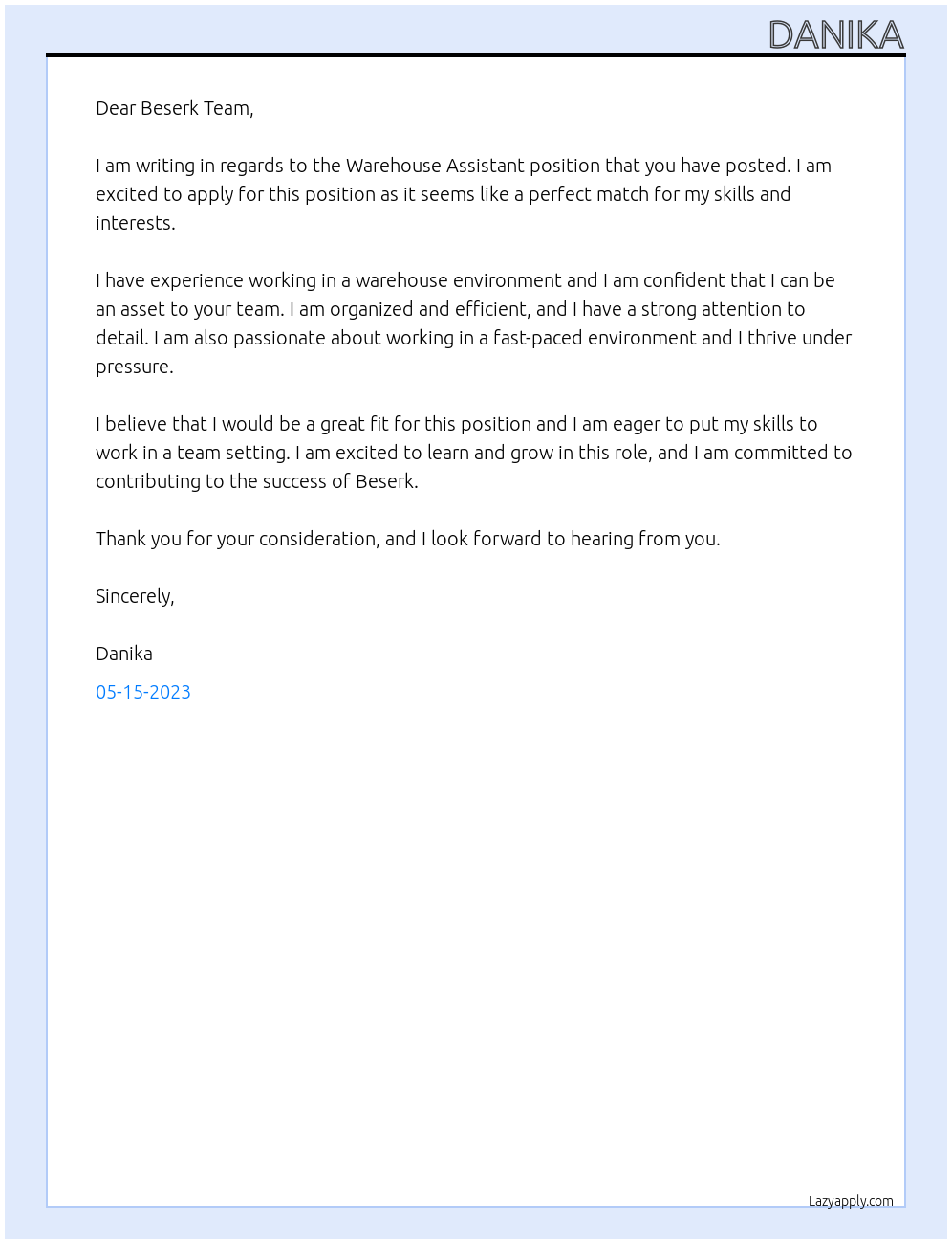 Warehouse Assistant At Beserk Cover Letter