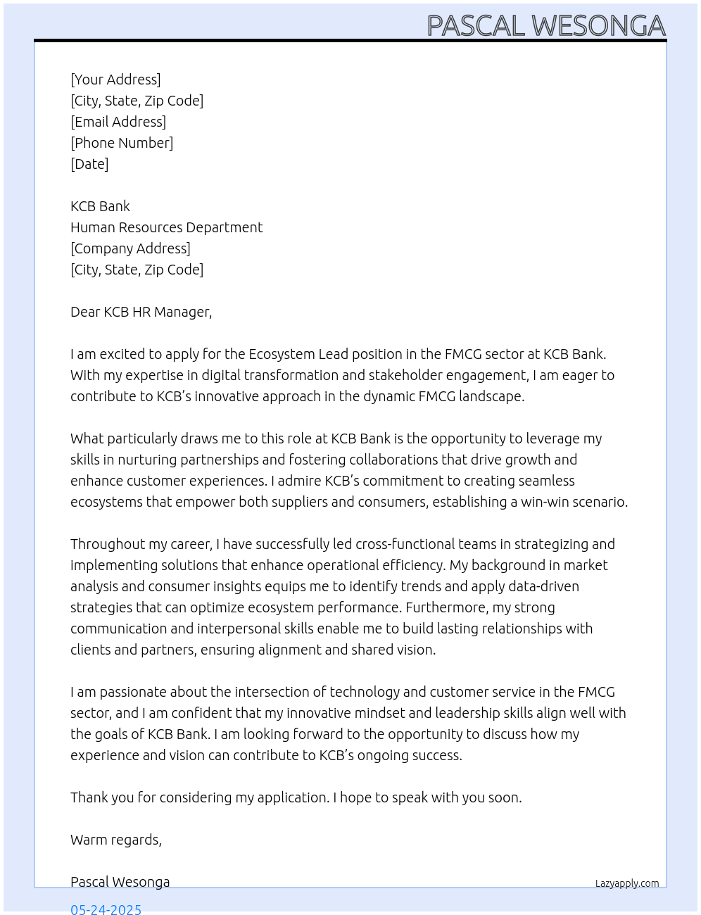 Ecosystem Lead -FMCG Sector At kcb bank Cover Letter