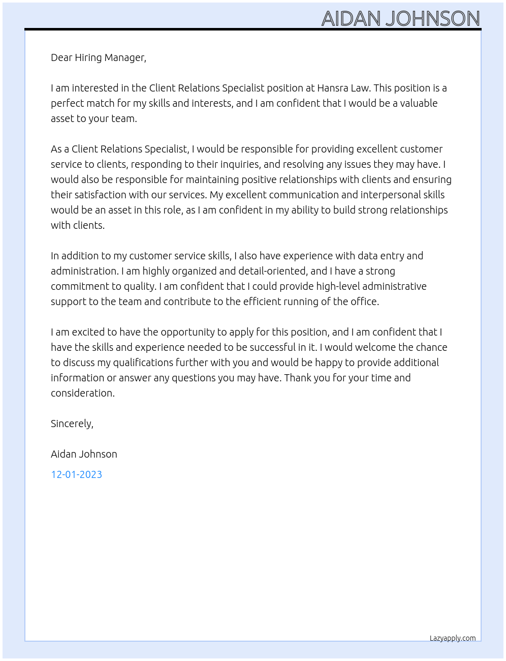 Client Relations Specialist At Hansra Law Cover Letter
