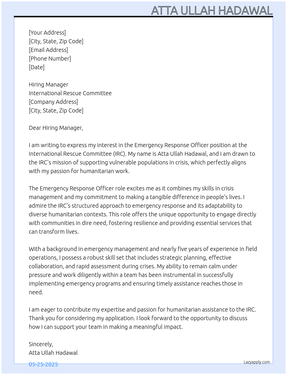 Cover letter for emergency response officer - LazyApply