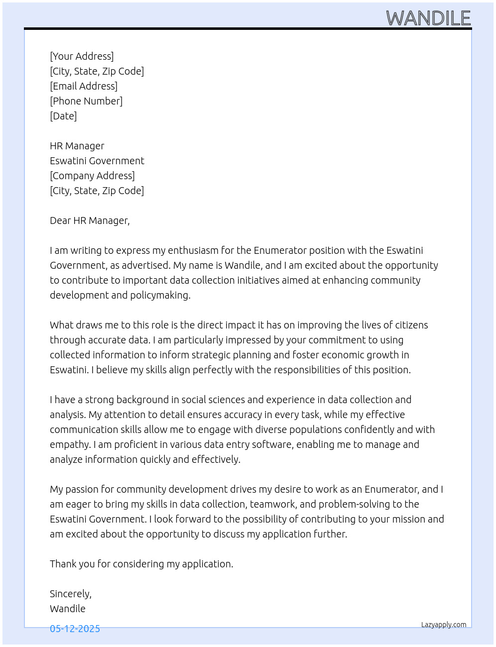 Enumerator At Eswatini Government Cover Letter