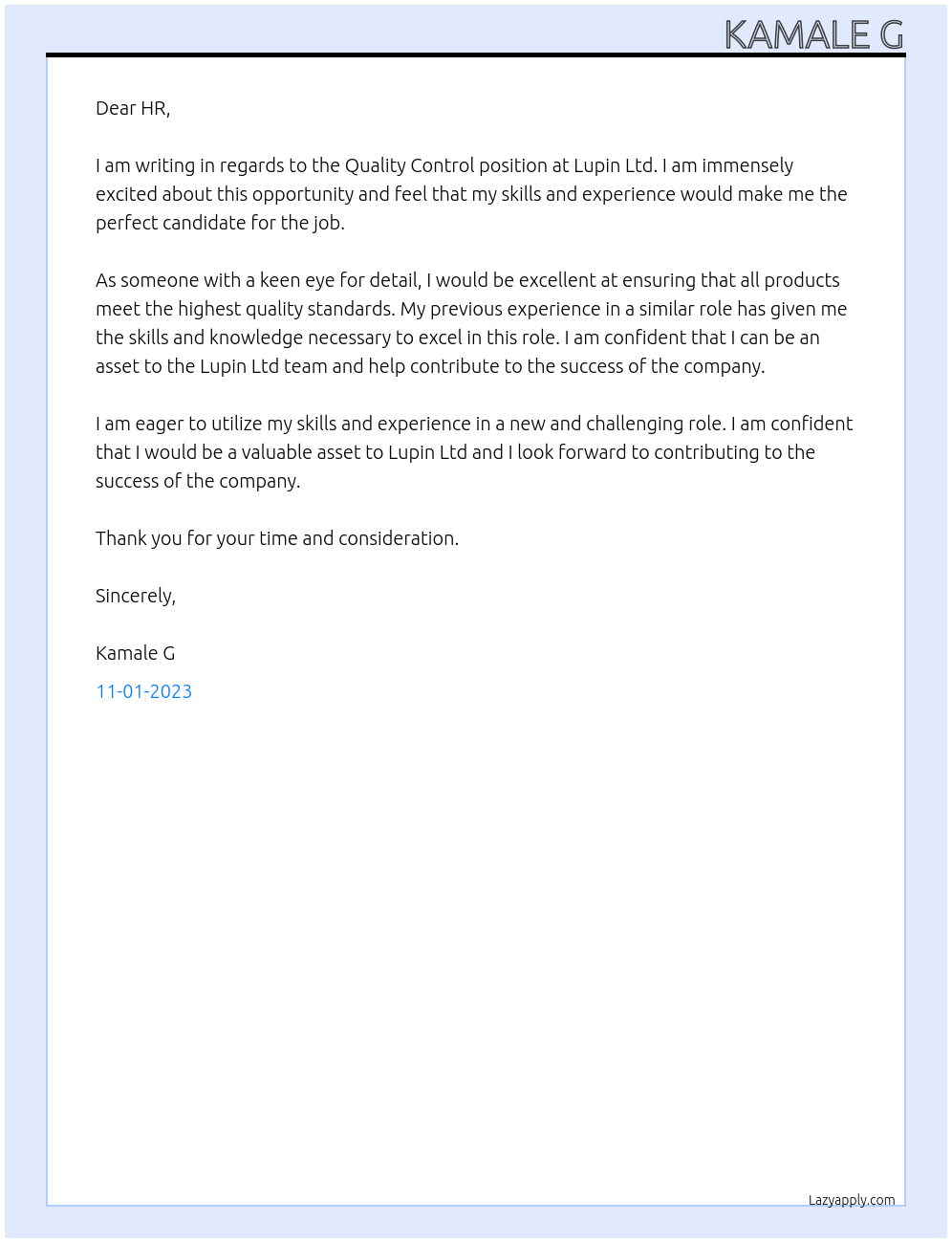 Quality control At LUPIN LTD Cover Letter