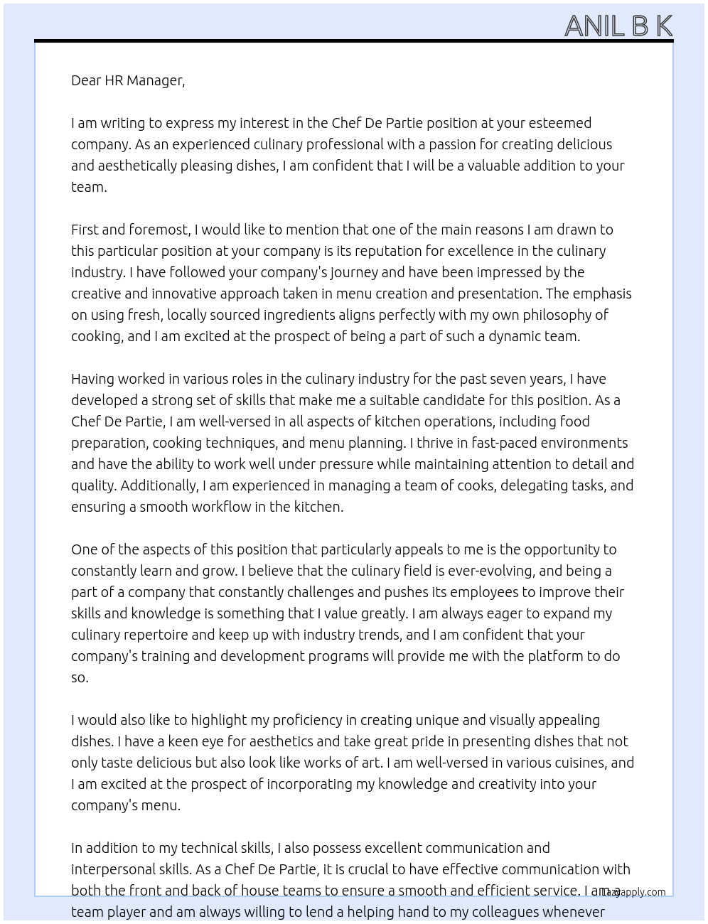 Chef De Partie At Dear HR Manager Cover Letter