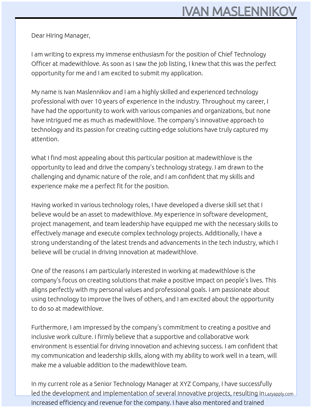 CTO At madewithlove Cover Letter