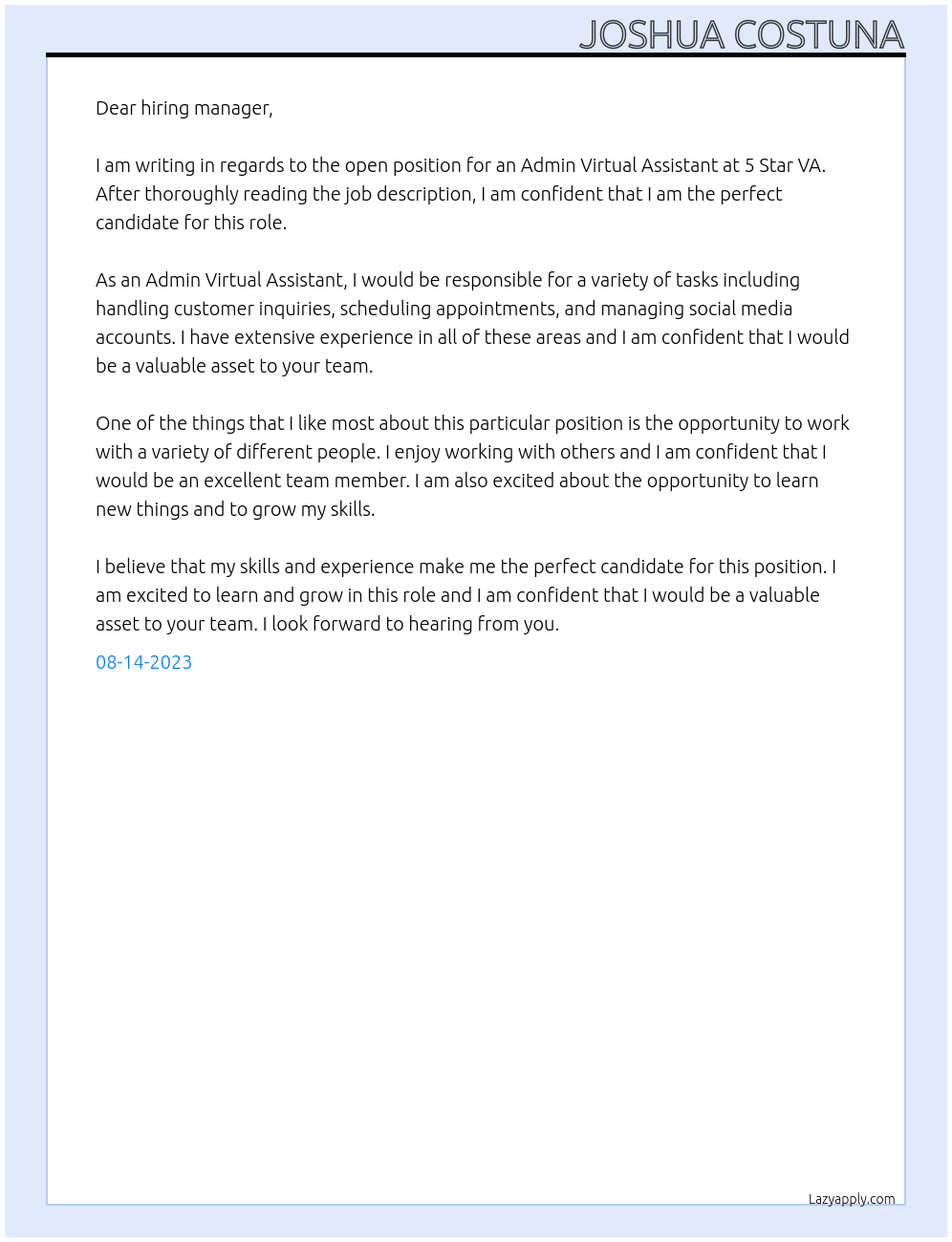 Admin Virtual assistant At 5 Star VA Cover Letter