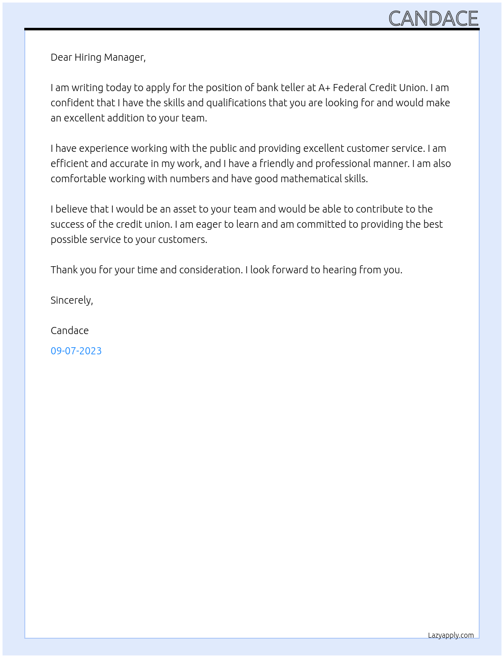 Bank Teller At A+ Federal Credit Union Cover Letter