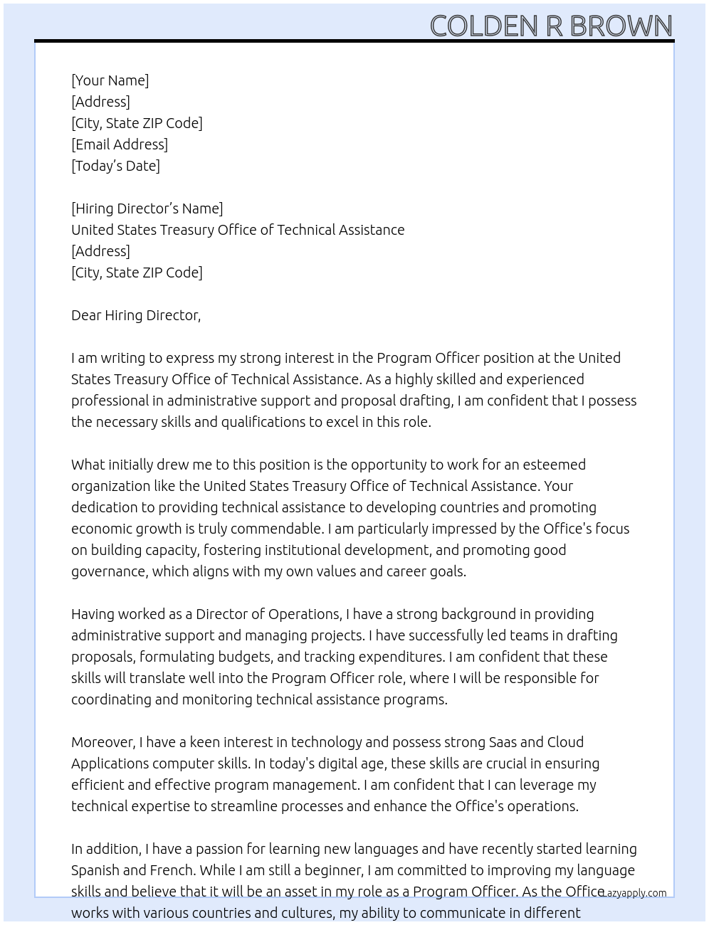 Program Officer At United States Treasury Office of Technical Assistance Cover Letter