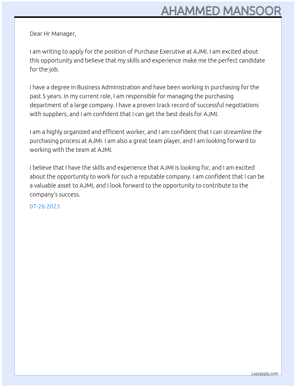 Purchase Executive At AJMI Cover Letter