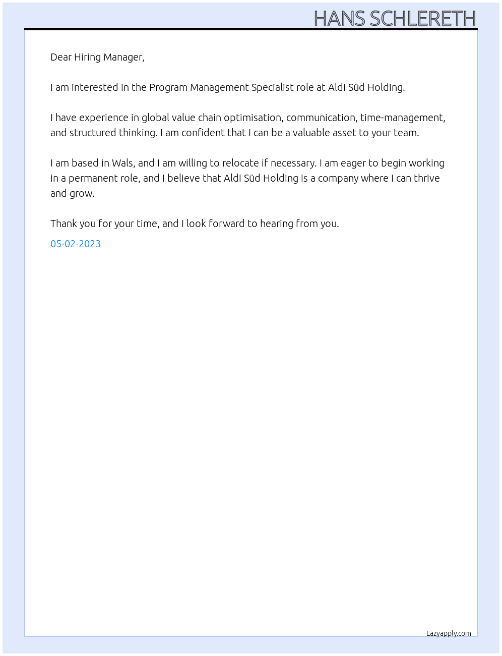 Program Management Specialist At Aldi Süd Holding Cover Letter