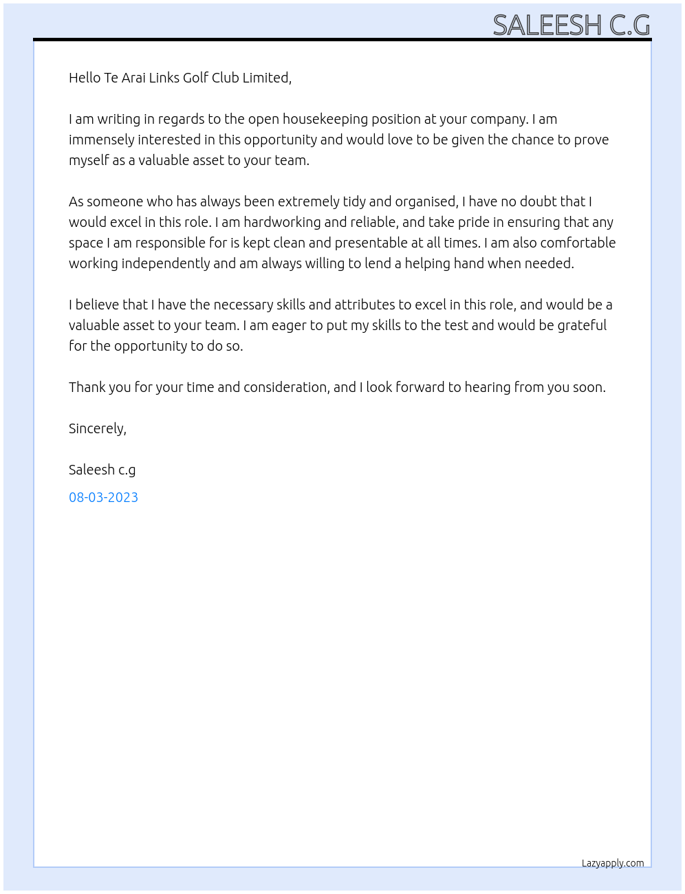 Housekeeping At Te Arai Links Golf Club Limited Cover Letter