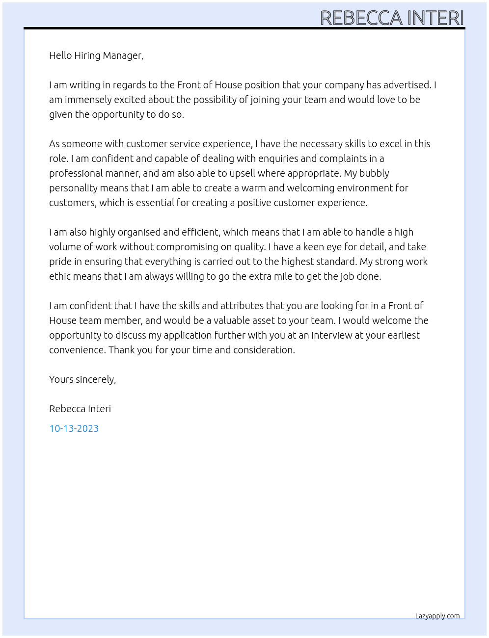 Front of house At Front of house position Cover Letter