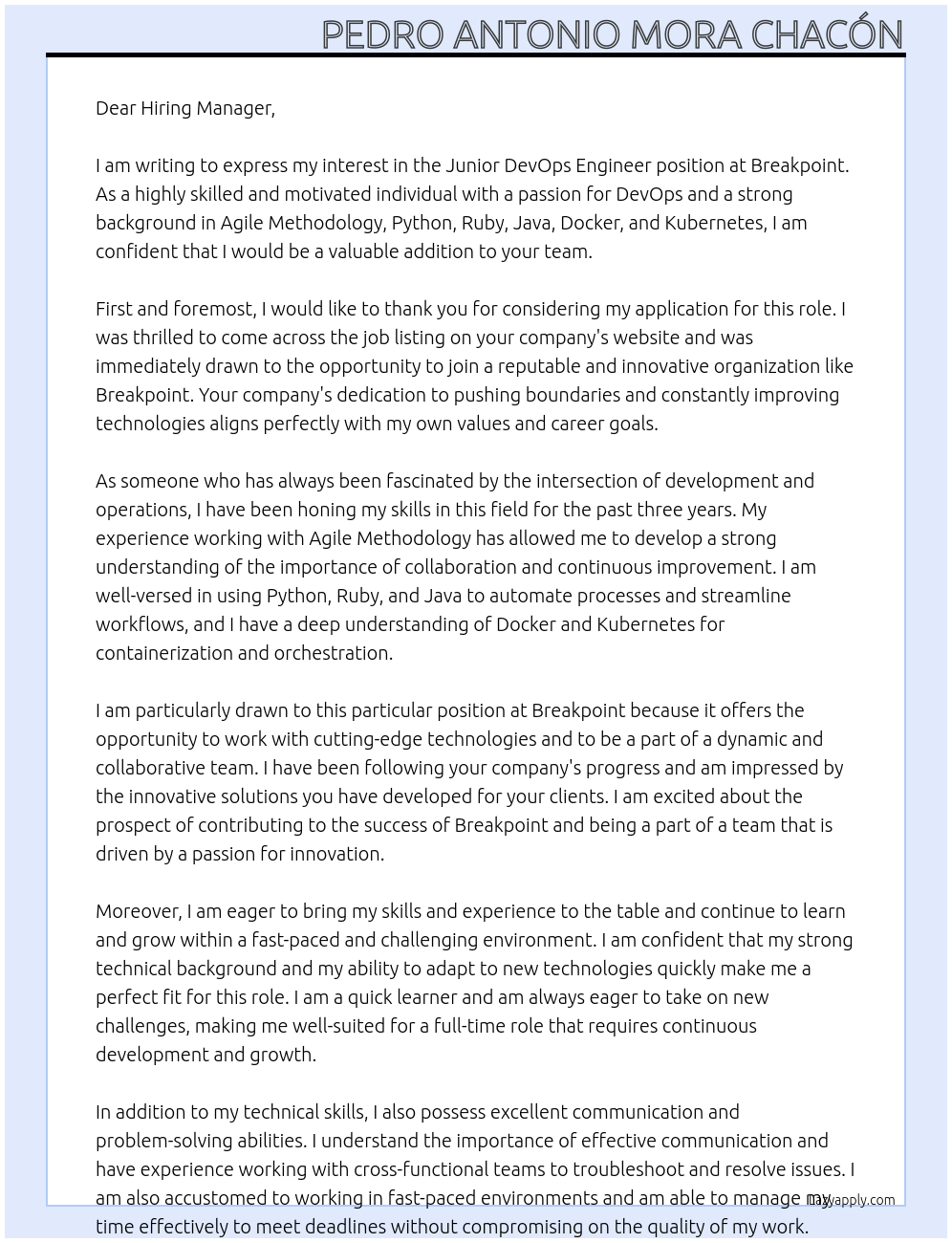 Junior DevOps Engineer At Breakpoint Cover Letter