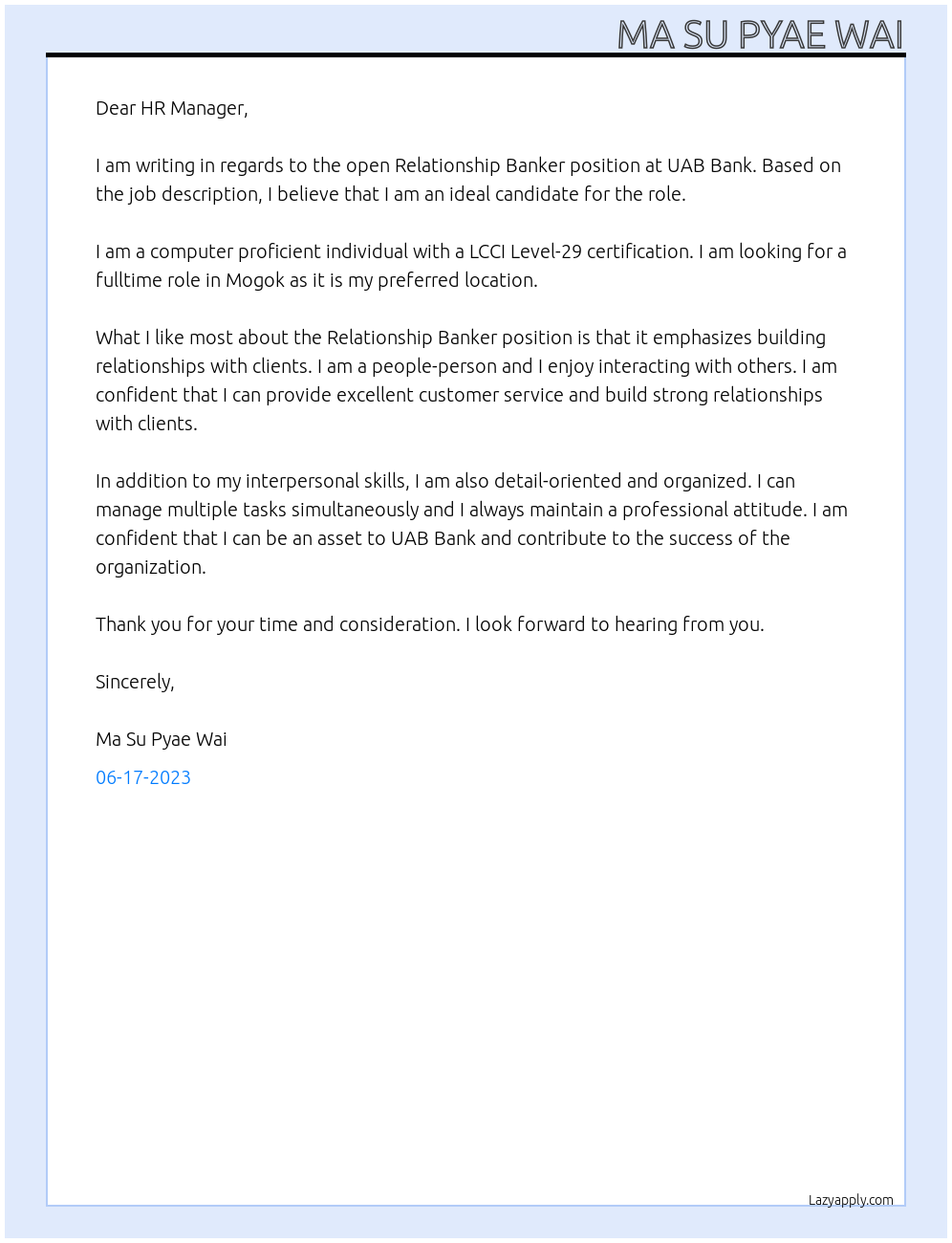 Relationship Banker At UAB Bank Cover Letter