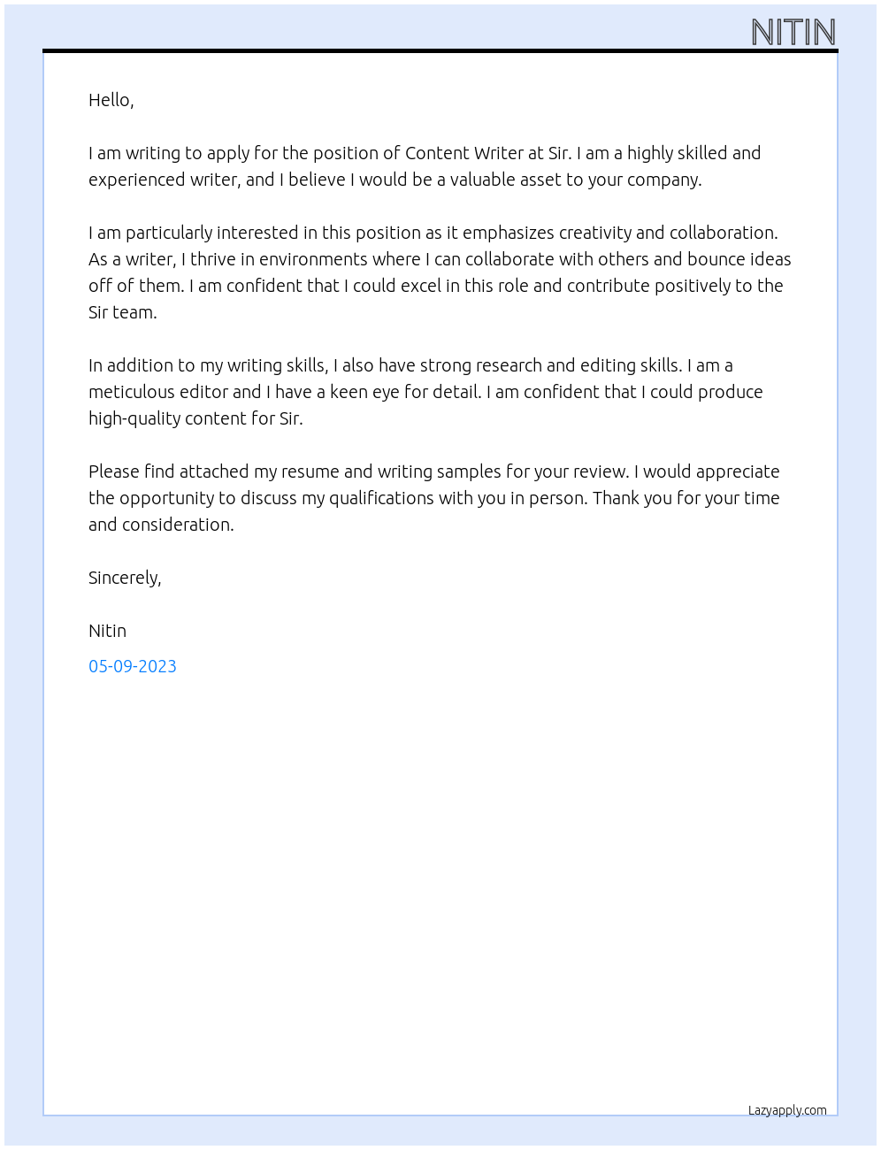 Content writing At Sir Cover Letter