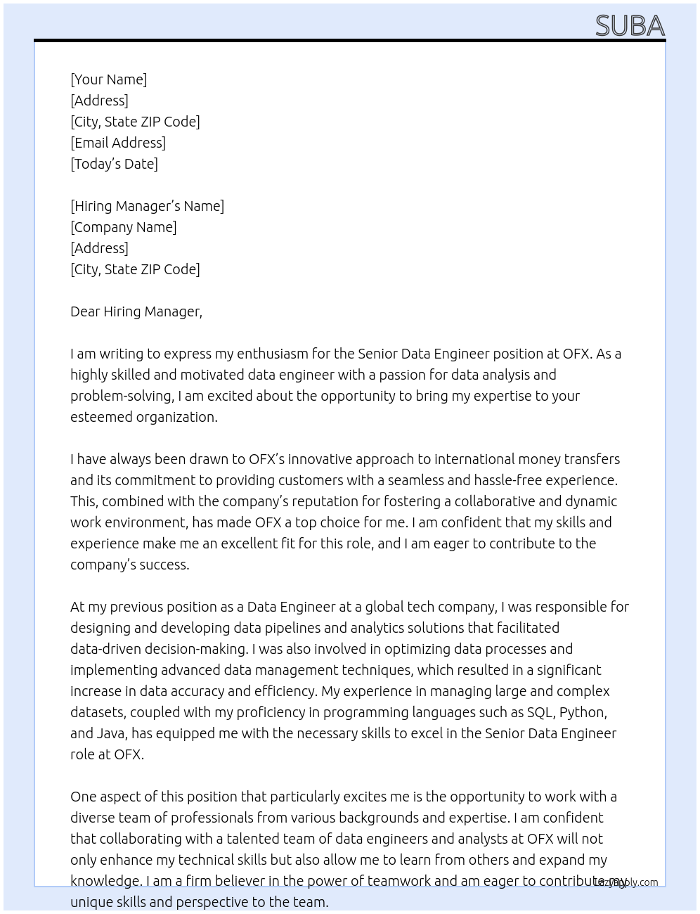 senior data engineer At OFX Cover Letter