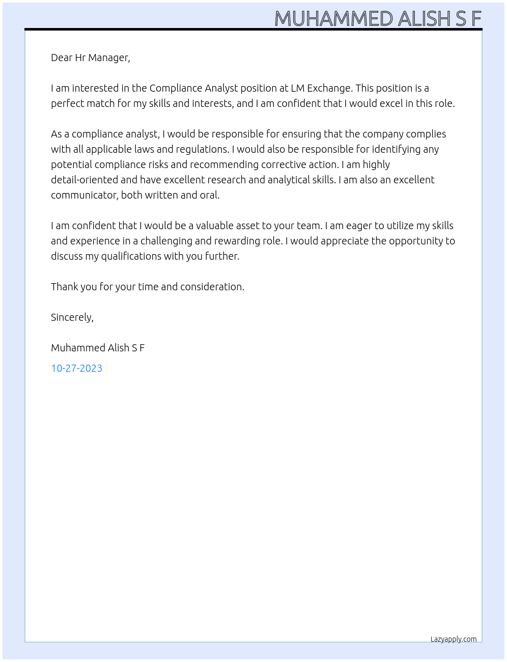 Compliance Analyst At LM Exchange Cover Letter