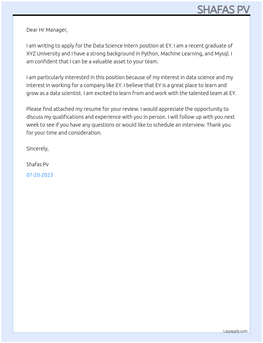 Data Science Intern At EY Cover Letter