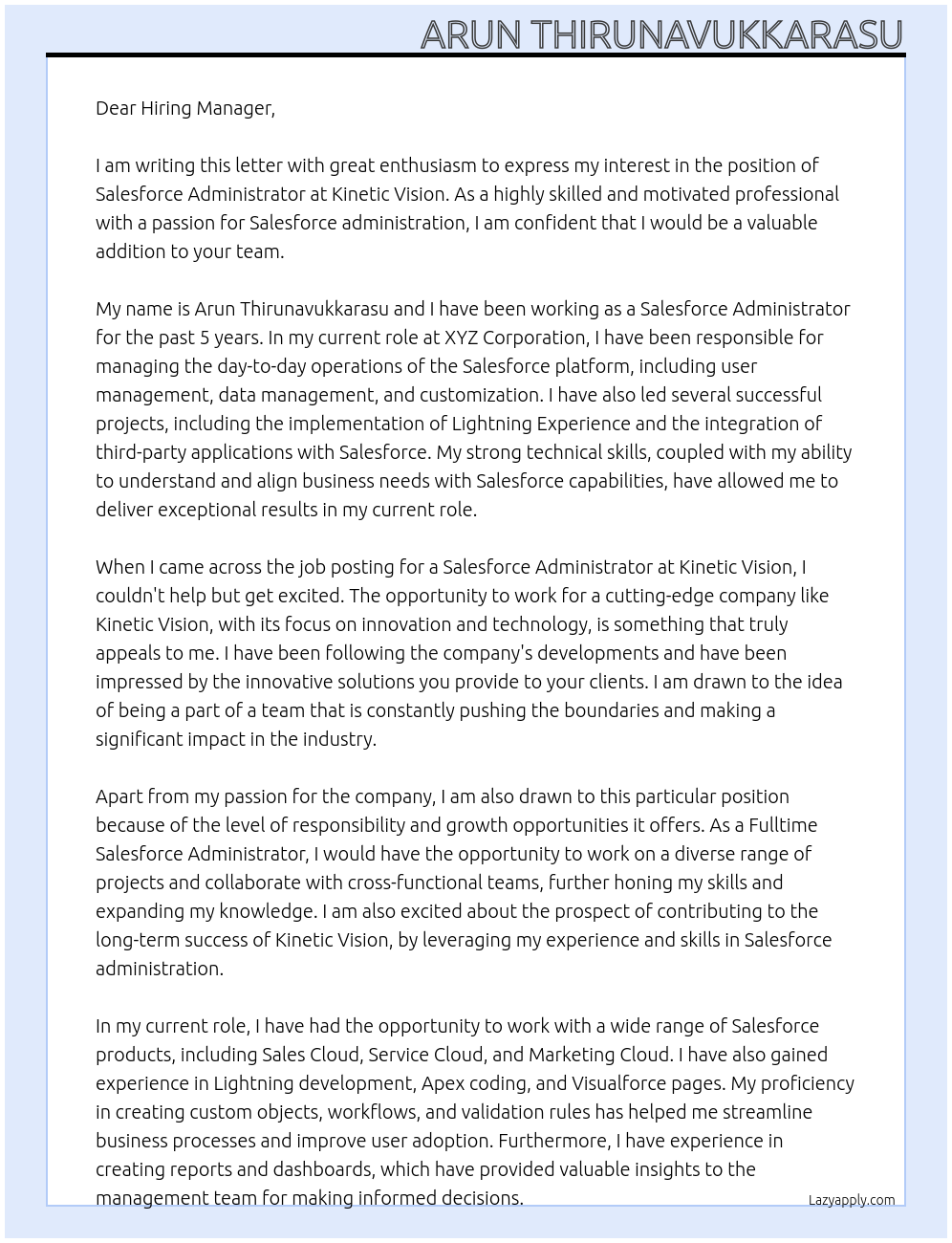 Salesforce Administrastor At Kinetic Vision Cover Letter