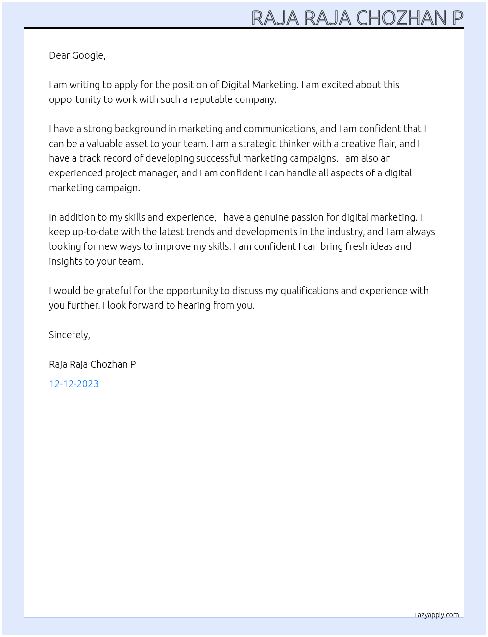 Digital marketing At Google Cover Letter