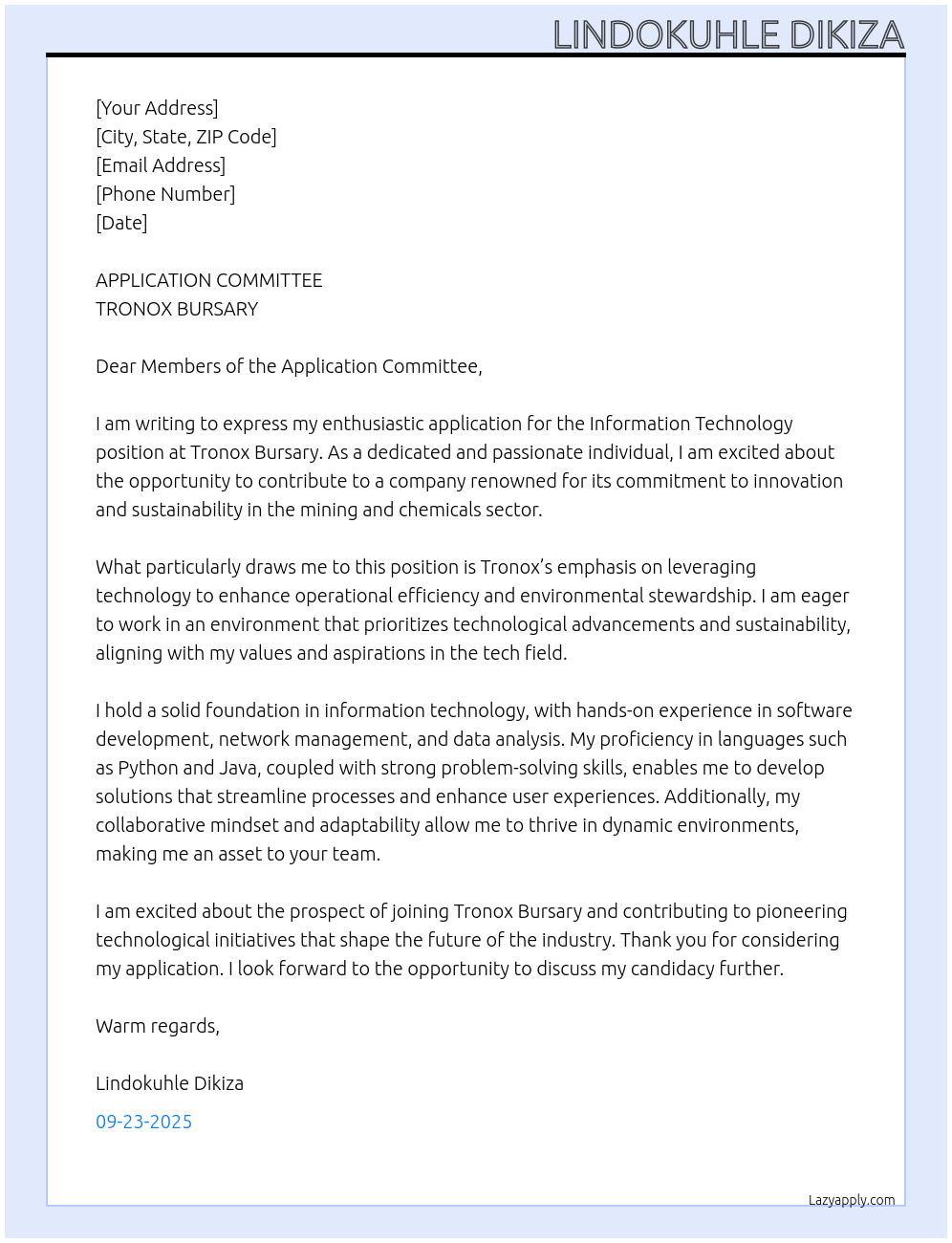 Cover letter for information technology - LazyApply