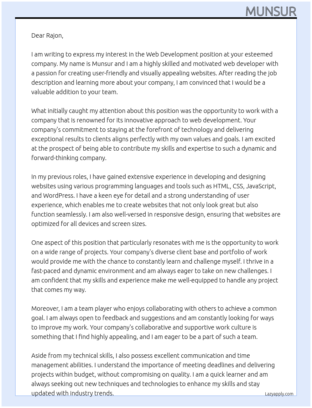 Web development At Web development Cover Letter