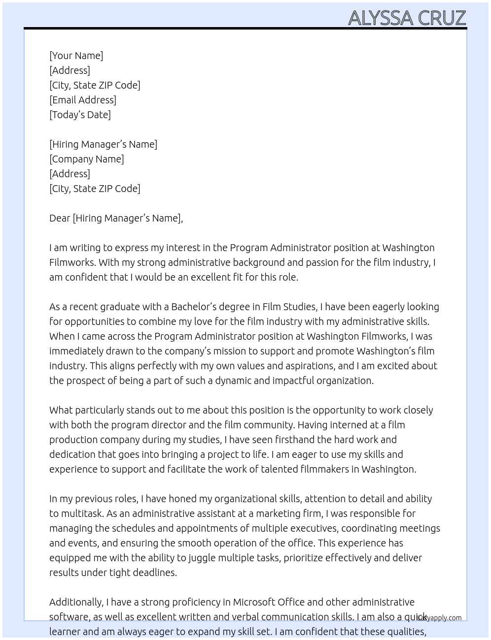 program administrator At washington filmworks Cover Letter