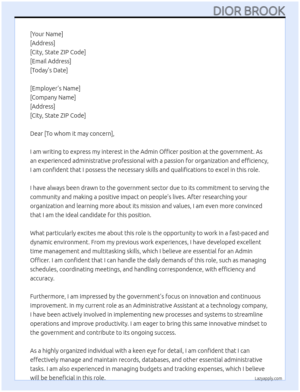 Admin officer At goverment Cover Letter