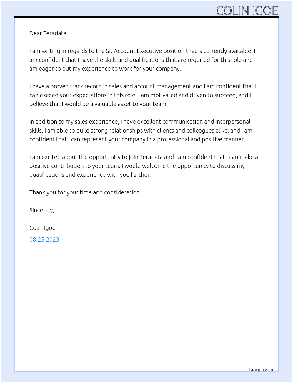 Sr. Account Executive At Teradata Cover Letter