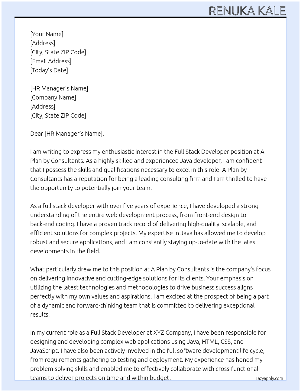 Full Stack Developer At A plan by consultants Cover Letter