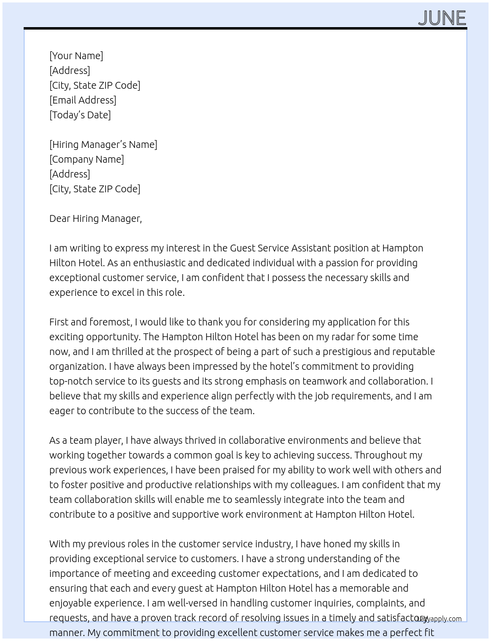 guest service assistant At Hampton Hilton Hotel Cover Letter