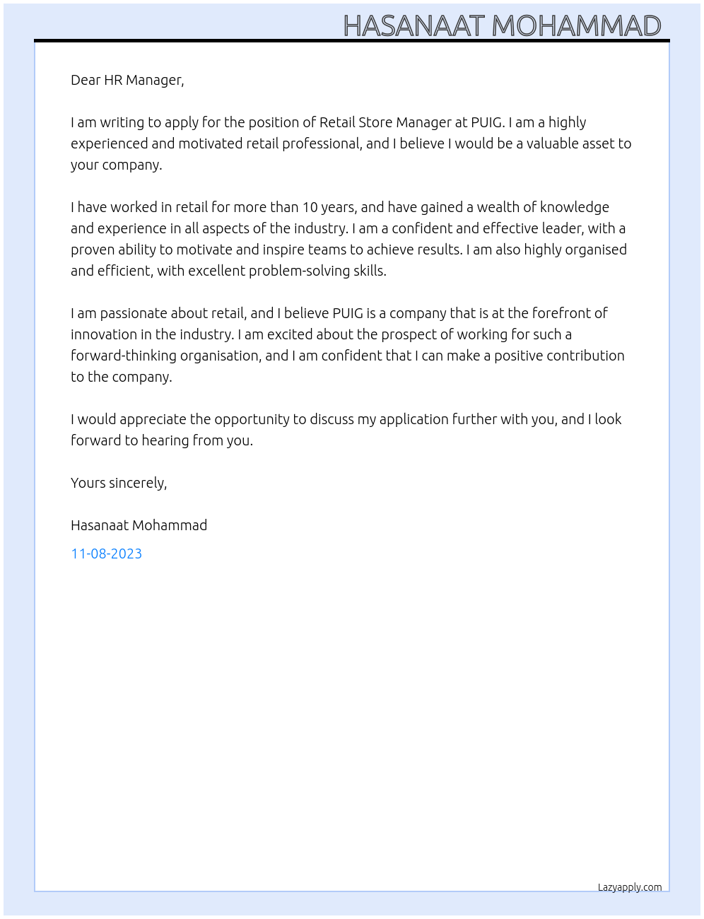 Retail Store Manager At PUIG Cover Letter