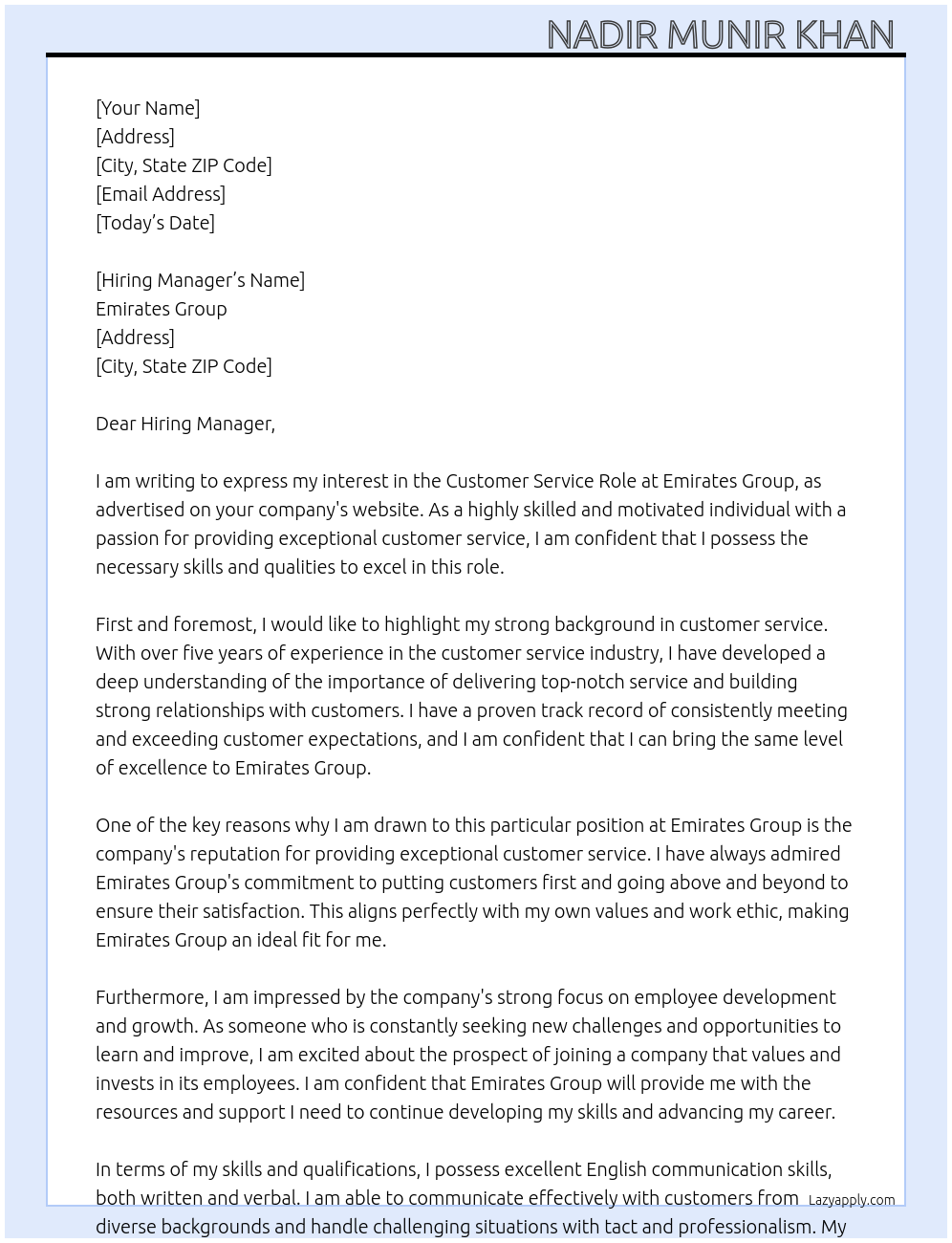 Customer Service Role At Emirates Group Cover Letter